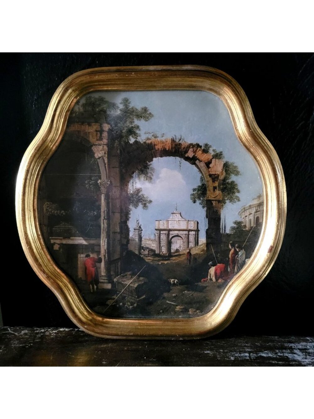 Vtg Florentine Gilt Wood Frame of Canaletto's Classical Ruins & Buildings Print